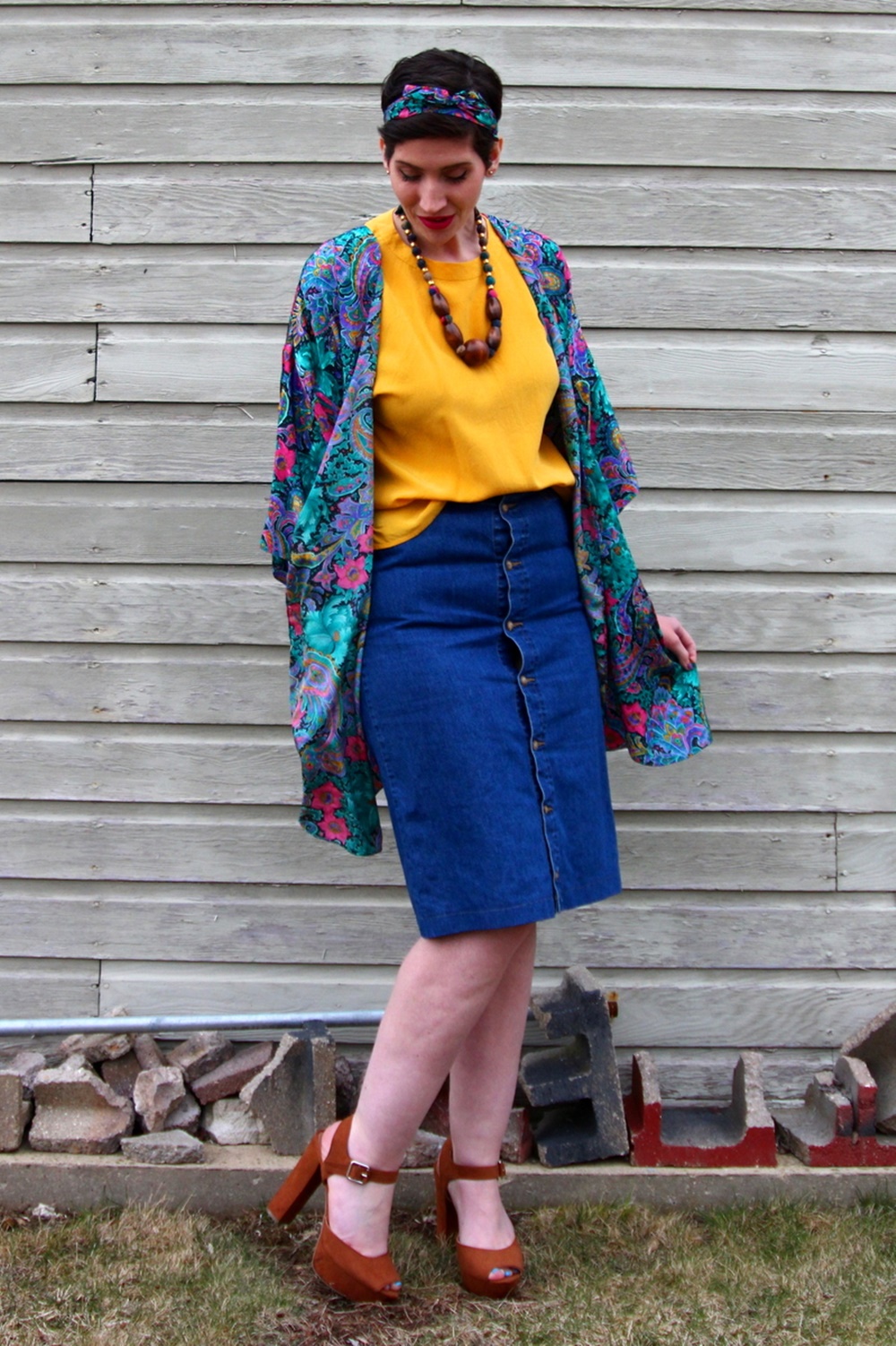 Outfit yellow top, vintage thrifted kimono robe lingerie, denim skirt buttonup, wooden bead necklace, cognac platform shoes ThredUp, YSL fuchsia lipstick