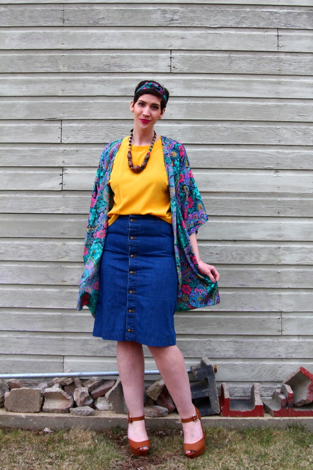 Outfit yellow top, vintage thrifted kimono robe lingerie, denim skirt buttonup, wooden bead necklace, cognac platform shoes ThredUp, YSL fuchsia lipstick