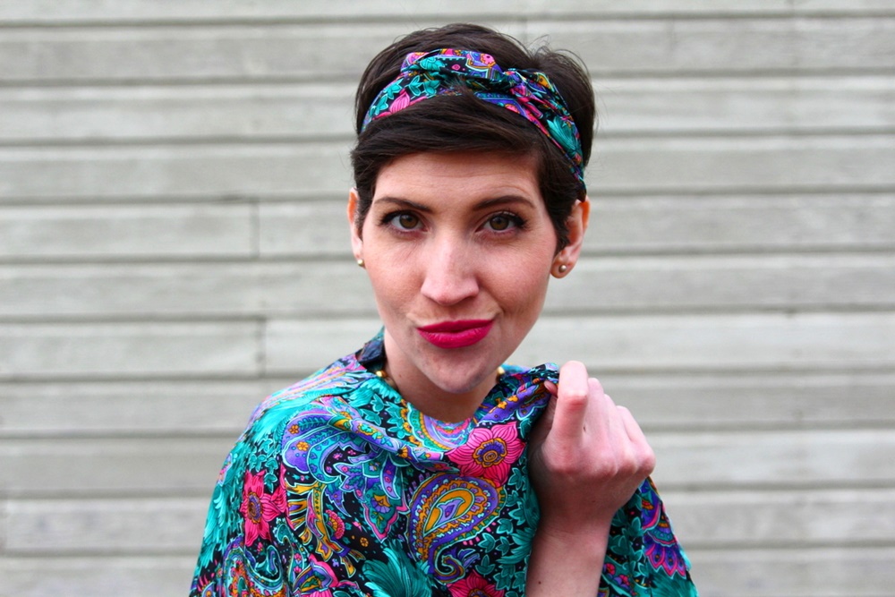 Outfit yellow top, vintage thrifted kimono robe lingerie, denim skirt buttonup, wooden bead necklace, cognac platform shoes ThredUp, YSL fuchsia lipstick