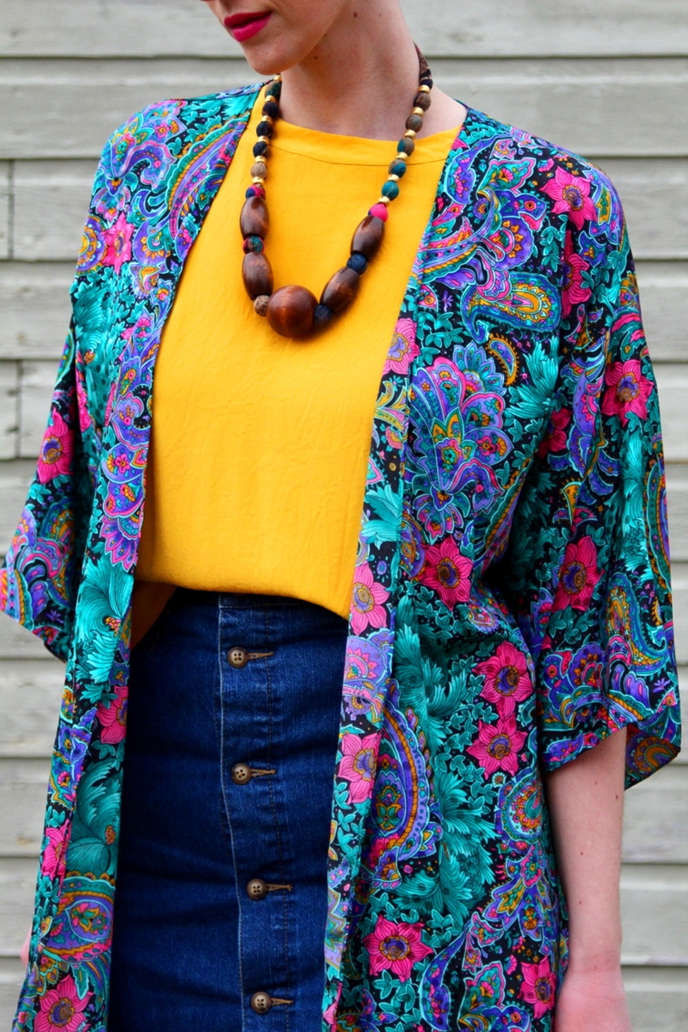 Outfit yellow top, vintage thrifted kimono robe lingerie, denim skirt buttonup, wooden bead necklace, cognac platform shoes ThredUp, YSL fuchsia lipstick