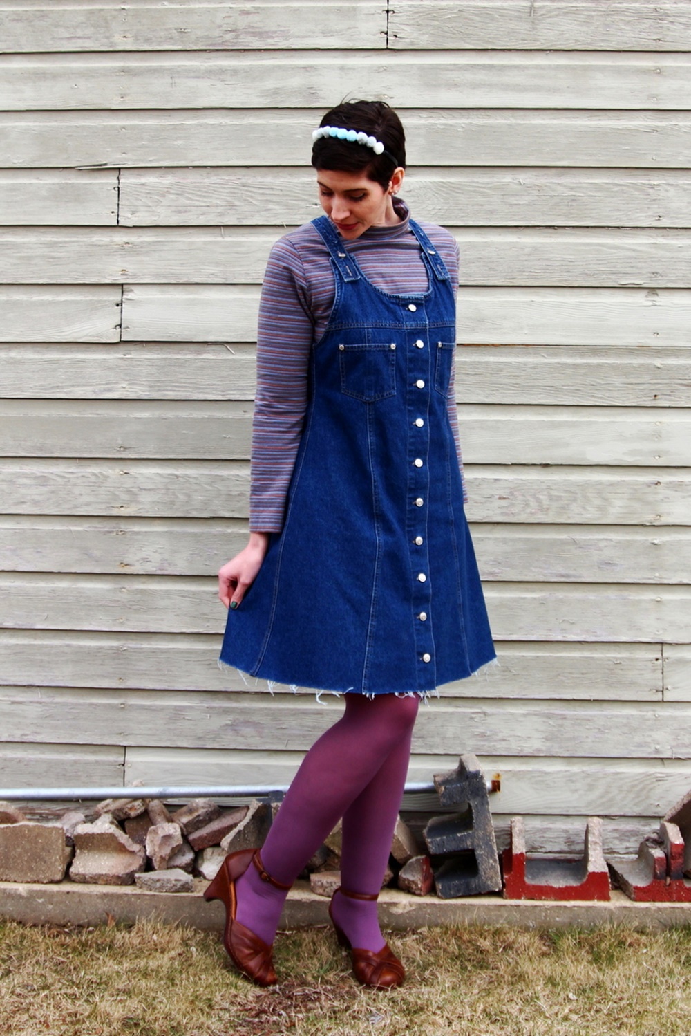 Hannah Rupp, The Outfit Repeater, Thrifted striped turtleneck, denim overall jumper dress, DIY pom pom headband, We Love Colors mocha tights, thrifted brown platform shoes