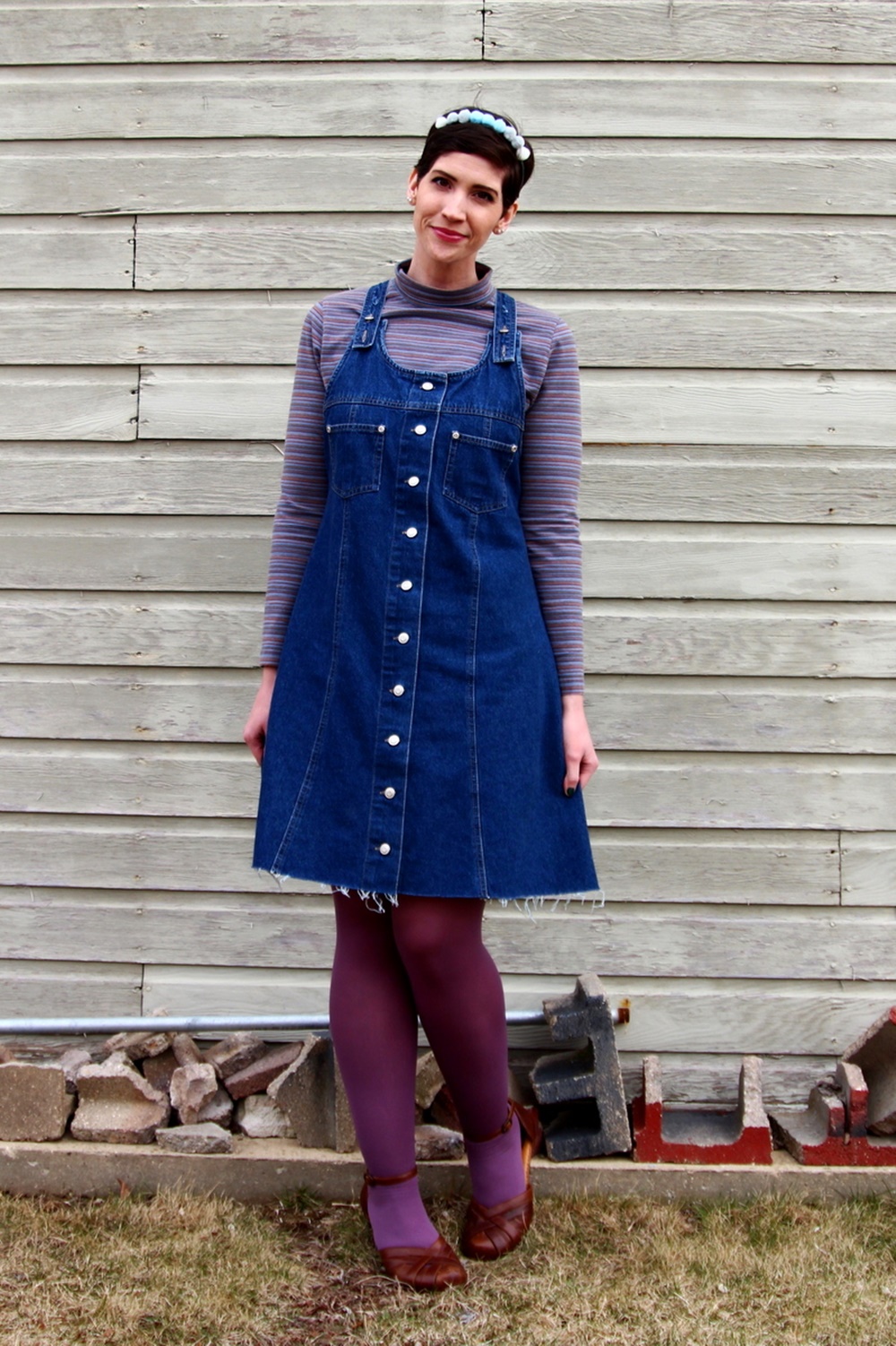 Hannah Rupp, The Outfit Repeater, Thrifted striped turtleneck, denim overall jumper dress, DIY pom pom headband, We Love Colors mocha tights, thrifted brown platform shoes