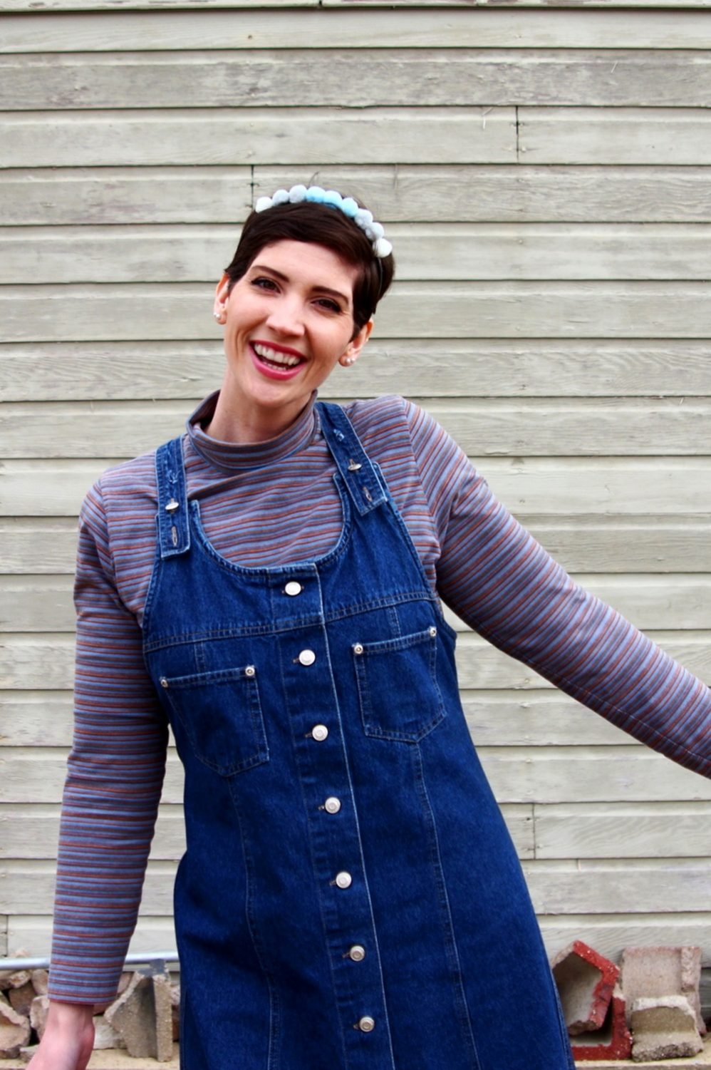 Hannah Rupp, The Outfit Repeater, Thrifted striped turtleneck, denim overall jumper dress, DIY pom pom headband, We Love Colors mocha tights, thrifted brown platform shoes