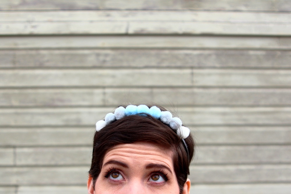 Hannah Rupp, The Outfit Repeater, Thrifted striped turtleneck, denim overall jumper dress, DIY pom pom headband, We Love Colors mocha tights, thrifted brown platform shoes