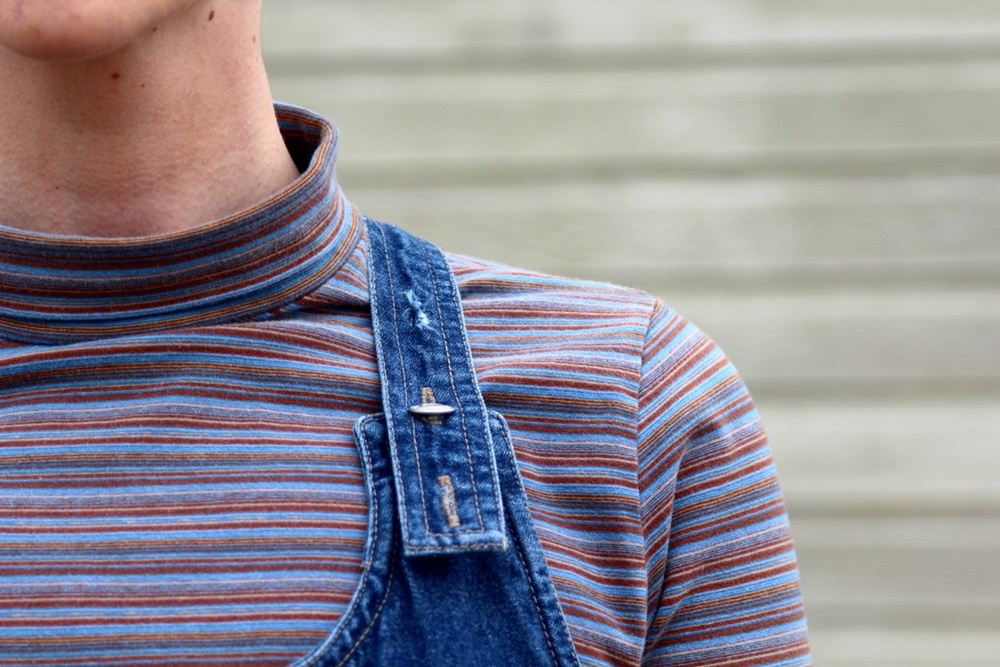 Hannah Rupp, The Outfit Repeater, Thrifted striped turtleneck, denim overall jumper dress