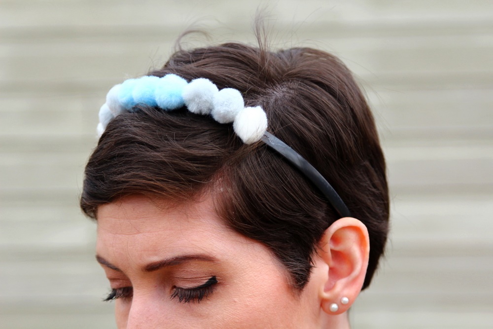 Hannah Rupp, The Outfit Repeater, Thrifted striped turtleneck, denim overall jumper dress, DIY pom pom headband, We Love Colors mocha tights, thrifted brown platform shoes