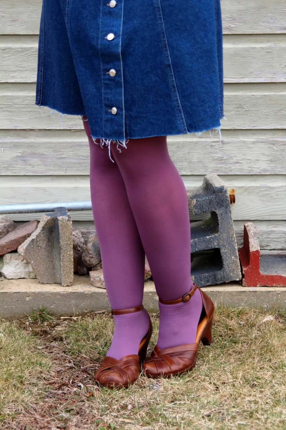Hannah Rupp, The Outfit Repeater, Thrifted striped turtleneck, denim overall jumper dress, DIY pom pom headband, We Love Colors mocha tights, thrifted brown platform shoes