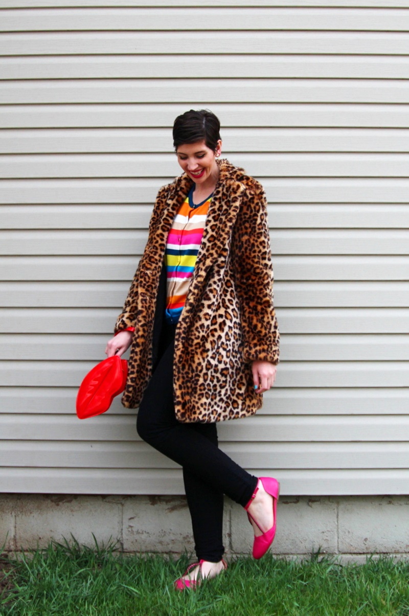 Striped rainbow sweater, leopard print coat, black jeggings, pink flats, Colourpop Heart On lipstick, red lip clutch purse, icecream cone earrings