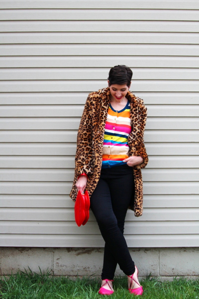 Striped rainbow sweater, leopard print coat, black jeggings, pink flats, Colourpop Heart On lipstick, red lip clutch purse, icecream cone earrings