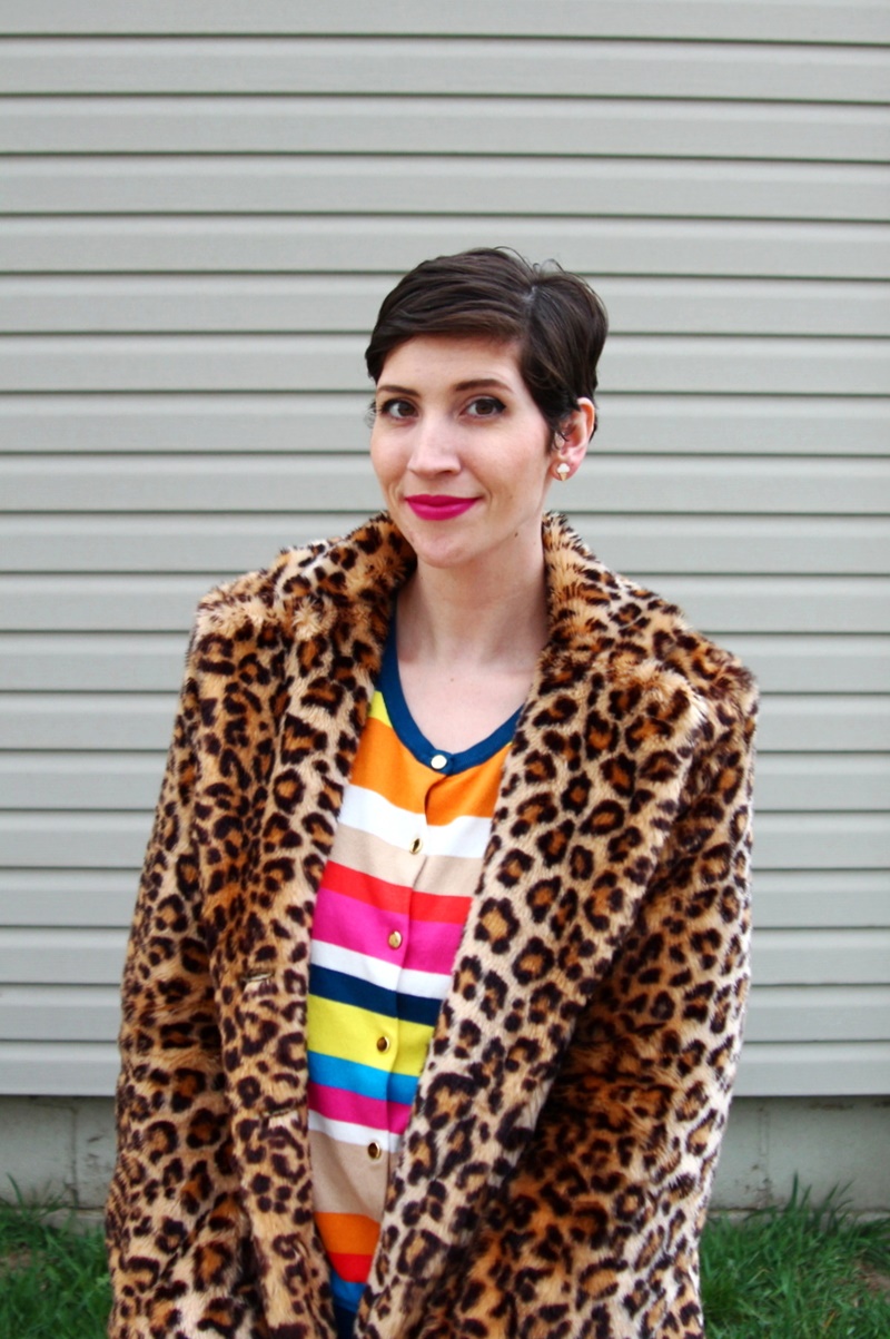 Striped rainbow sweater, leopard print coat, black jeggings, pink flats, Colourpop Heart On lipstick, red lip clutch purse, icecream cone earrings