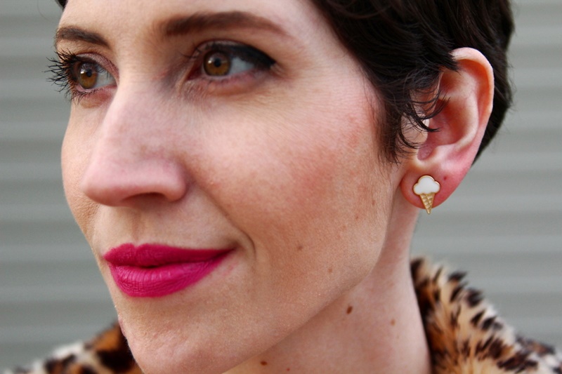 Striped rainbow sweater, leopard print coat, black jeggings, pink flats, Colourpop Heart On lipstick, red lip clutch purse, icecream cone earrings