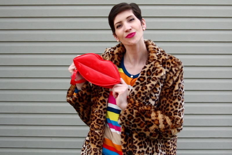 Striped rainbow sweater, leopard print coat, black jeggings, pink flats, Colourpop Heart On lipstick, red lip clutch purse, icecream cone earrings