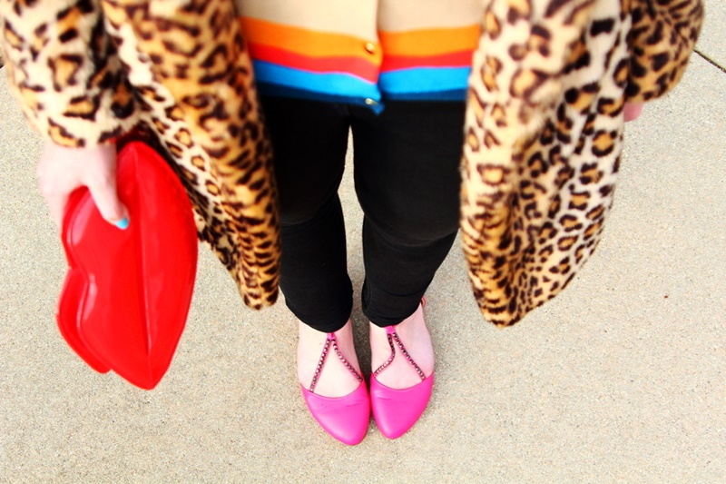 Striped rainbow sweater, leopard print coat, black jeggings, pink flats, Colourpop Heart On lipstick, red lip clutch purse, icecream cone earrings