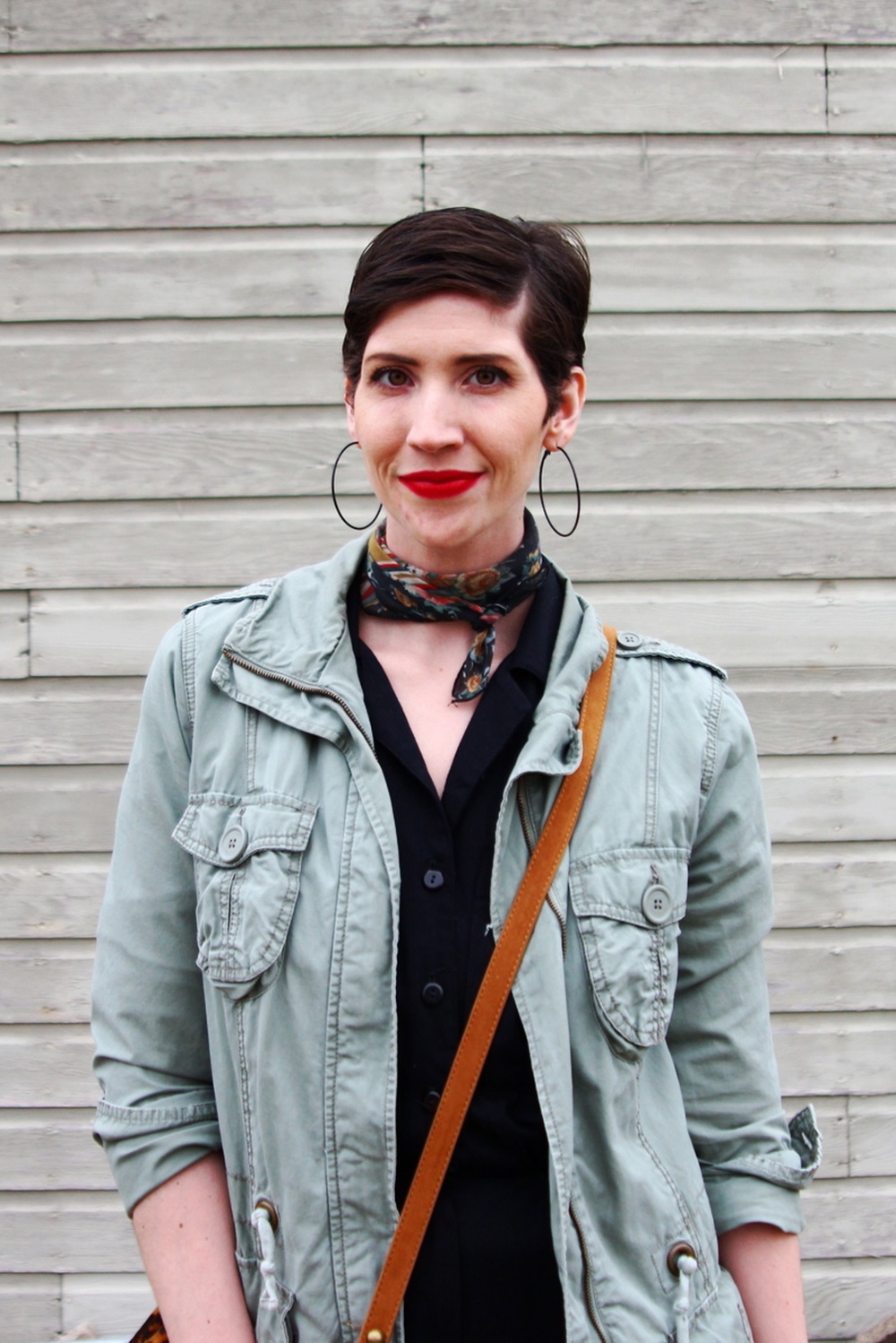 vintage black jumpsuit fashion jungle red lipstick leopard print purse neckerchief scarf olive green jacket thrifted brown booties