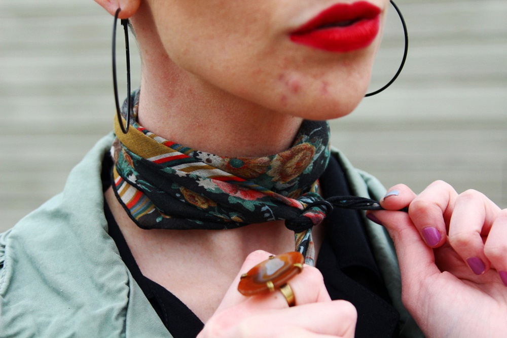 vintage black jumpsuit fashion jungle red lipstick leopard print purse neckerchief scarf olive green jacket thrifted brown booties