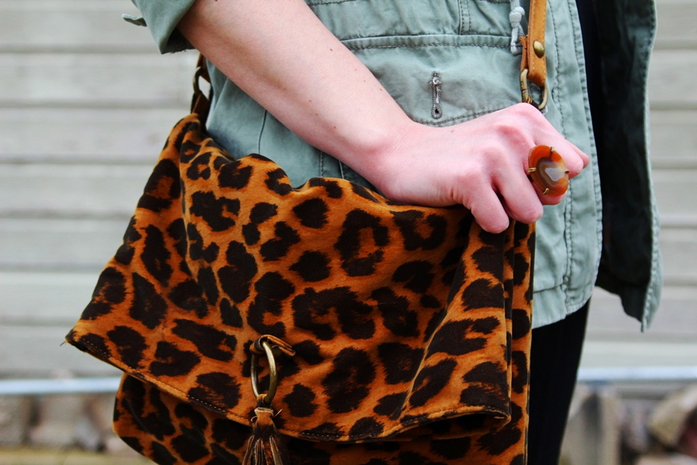 Looking Anything But Outdated In a Vintage Jumpsuit | theoutfitrepeater.com vintage black jumpsuit fashion jungle red lipstick leopard print purse neckerchief scarf olive green jacket thrifted brown booties