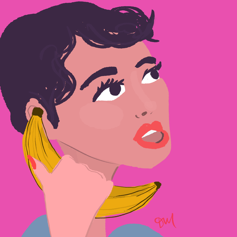 girl with pixie cut talking into banana phone gif artwork by Denyse Mitterhoffer