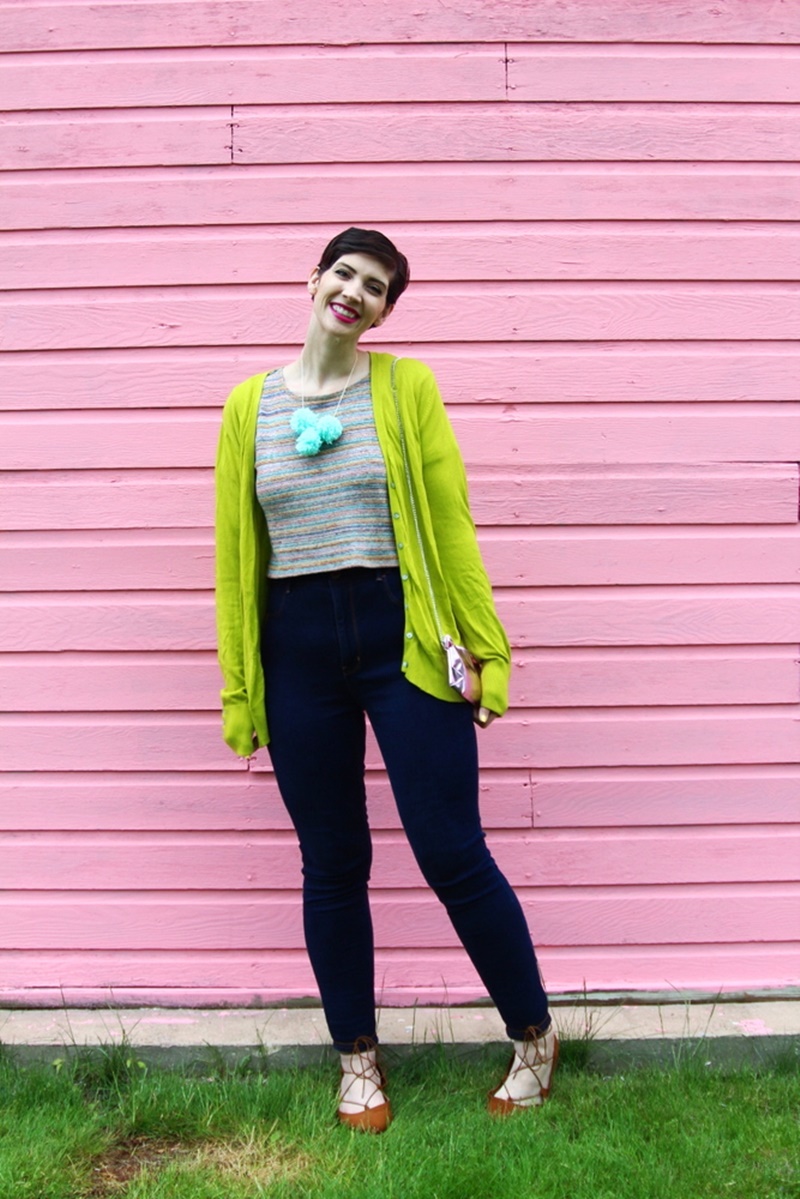 Colorful Outfits To Inspire You This Weekend | theoutfitrepeater.com pink wall house garage, outfit lime green cardigan, rainbow crop top, high waisted jeggings american eagle sky high, brown cognac target lace up flats ballerina, diy pom pom necklace, colourpop heart on lippie stix, diy clutch purse makeup bag