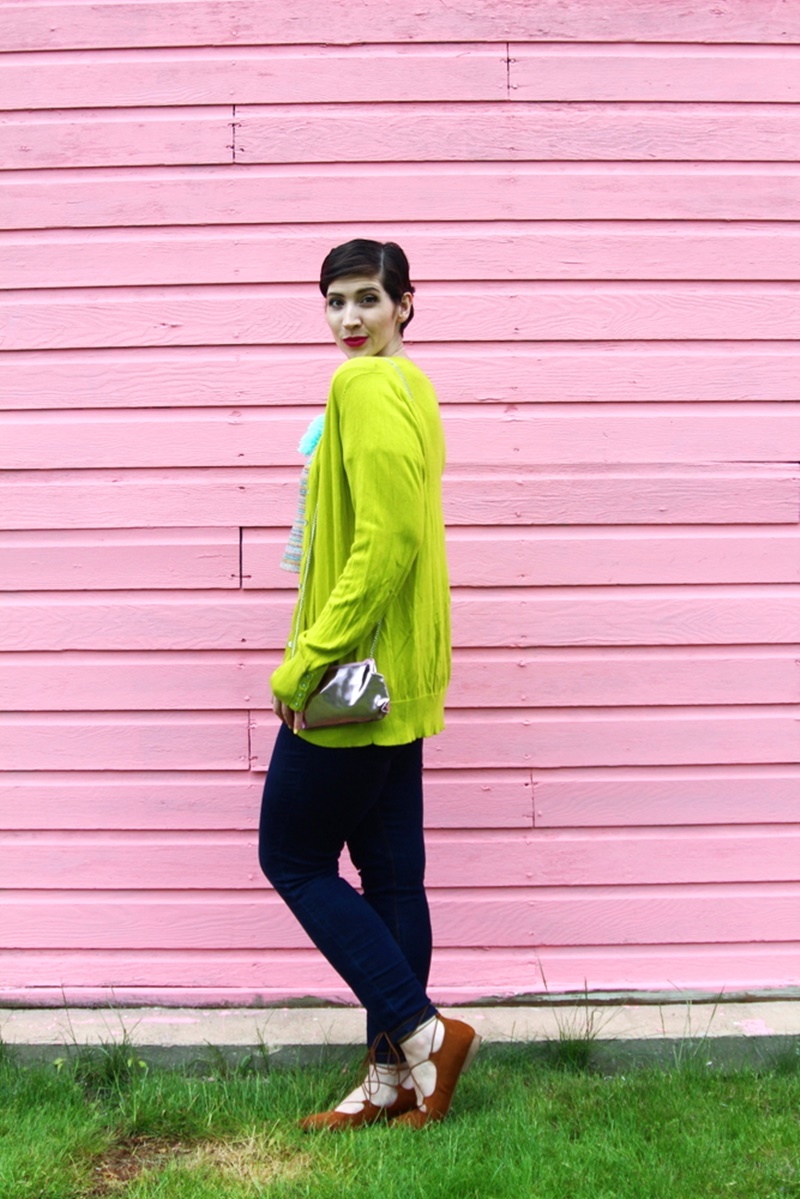 Colorful Outfits To Inspire You This Weekend | theoutfitrepeater.com pink wall house garage, outfit lime green cardigan, rainbow crop top, high waisted jeggings american eagle sky high, brown cognac target lace up flats ballerina, diy pom pom necklace, colourpop heart on lippie stix, diy clutch purse makeup bag