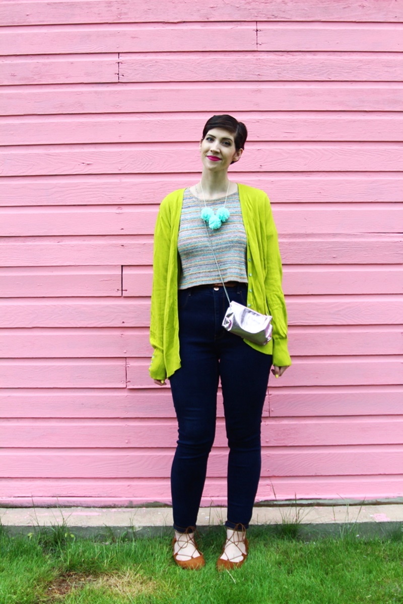 Colorful Outfits To Inspire You This Weekend | theoutfitrepeater.com pink wall house garage, outfit lime green cardigan, rainbow crop top, high waisted jeggings american eagle sky high, brown cognac target lace up flats ballerina, diy pom pom necklace, colourpop heart on lippie stix, diy clutch purse makeup bag