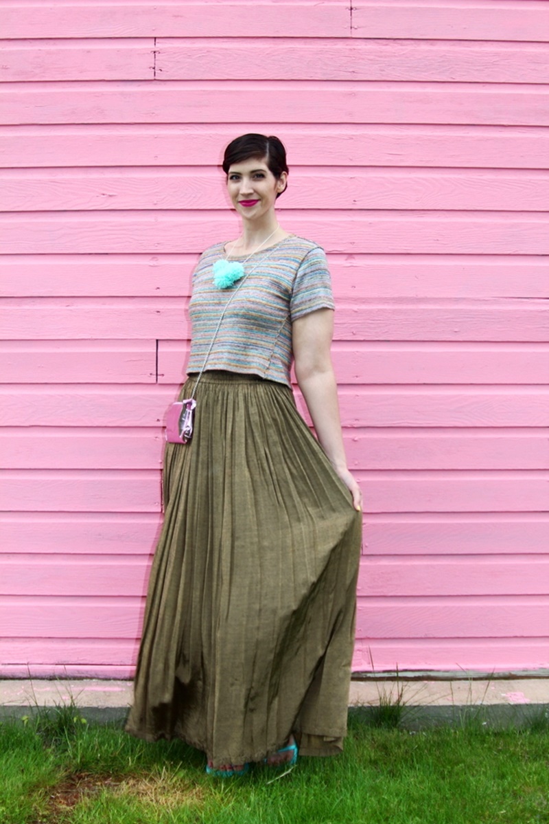 pink wall house garage, outfit rainbow crop top, bronze vintage maxi skirt, walmart flip flops aqua teal, diy pom pom necklace, colourpop heart on lippie stix, diy clutch purse makeup bag