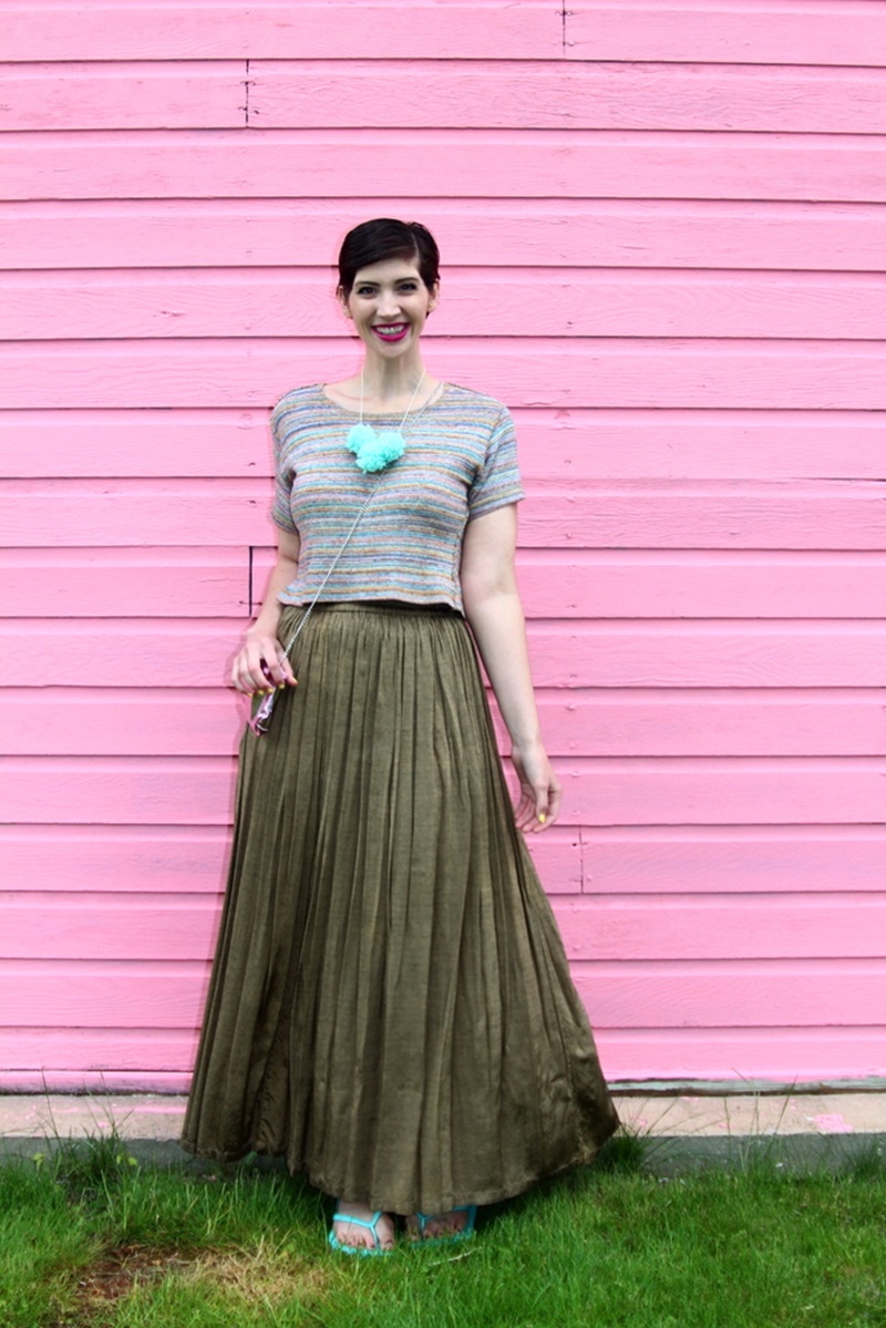 pink wall house garage, outfit rainbow crop top, bronze vintage maxi skirt, walmart flip flops aqua teal, diy pom pom necklace, colourpop heart on lippie stix, diy clutch purse makeup bag