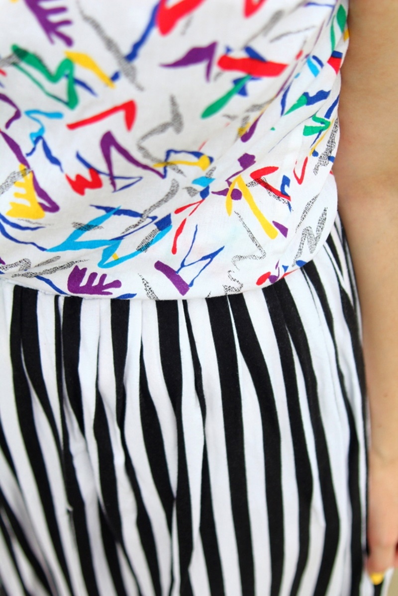 Memorial day outfit, thrifted black and white striped skirt, vintage abstract printed button up, Colourpop lippie stix Bossy red, black Walmart flats, 1980s sunglasses lapel pin
