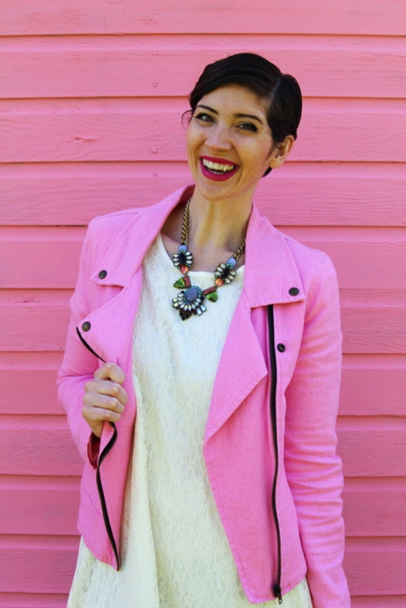 outfit thrifted white lace dress bridal, thredup pink moto jacket, poshmark nude flats, walmart statement necklace, ysl fuschia lipstick
