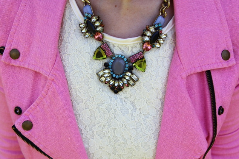 outfit thrifted white lace dress bridal, thredup pink moto jacket, poshmark nude flats, walmart statement necklace, ysl fuschia lipstick