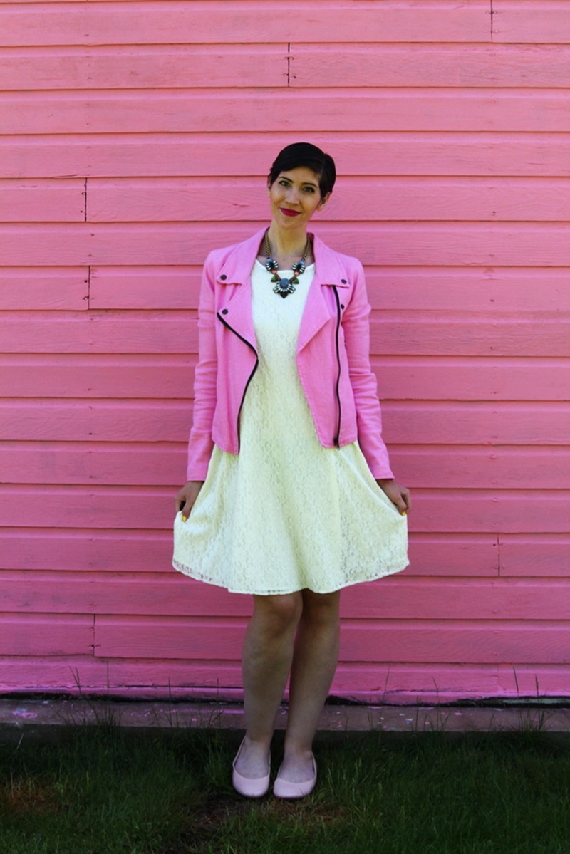 outfit thrifted white lace dress bridal, thredup pink moto jacket, poshmark nude flats, walmart statement necklace, ysl fuschia lipstick