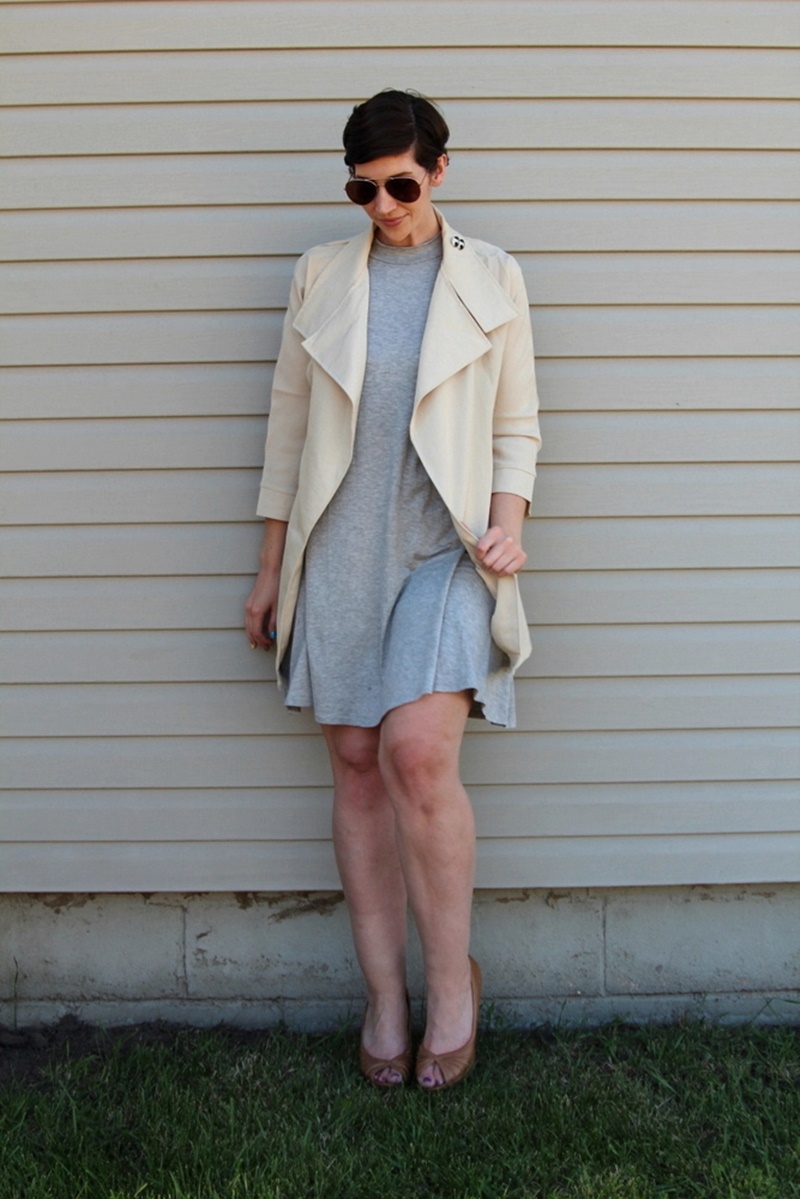 board game party night outfit grey dress beige trenchcoat aviator sunglasses dollar tree high heels spy undercover secret agent costume