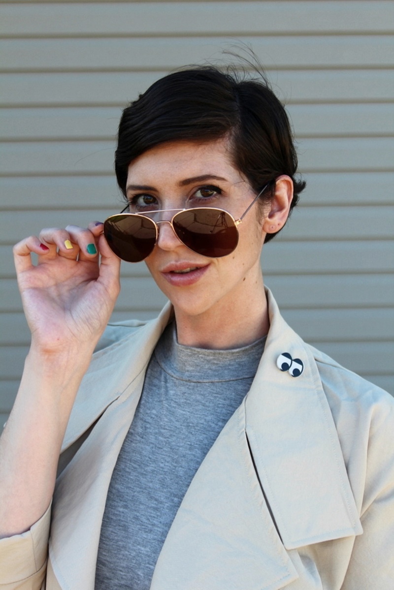 board game party night outfit grey dress beige trenchcoat aviator sunglasses dollar tree high heels spy undercover secret agent costume