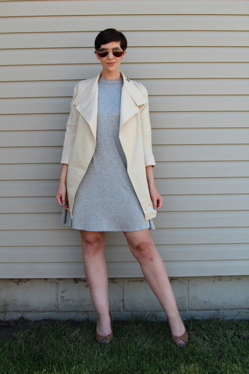 board game party night outfit grey dress beige trenchcoat aviator sunglasses dollar tree high heels spy undercover secret agent costume