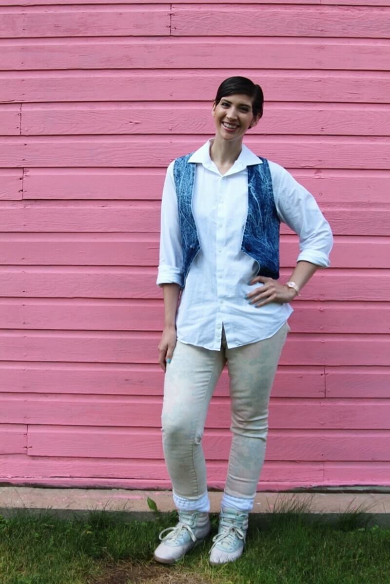 A Completely Thrifted Back To The Future Inspired Outfit | theoutfitrepeater.com Back to the future costume, Jennifer Parker inspired look, white button down, denim vest, pink floral jeans, Reebok high top sneakers, white scrunched socks, pink Swatch watch
