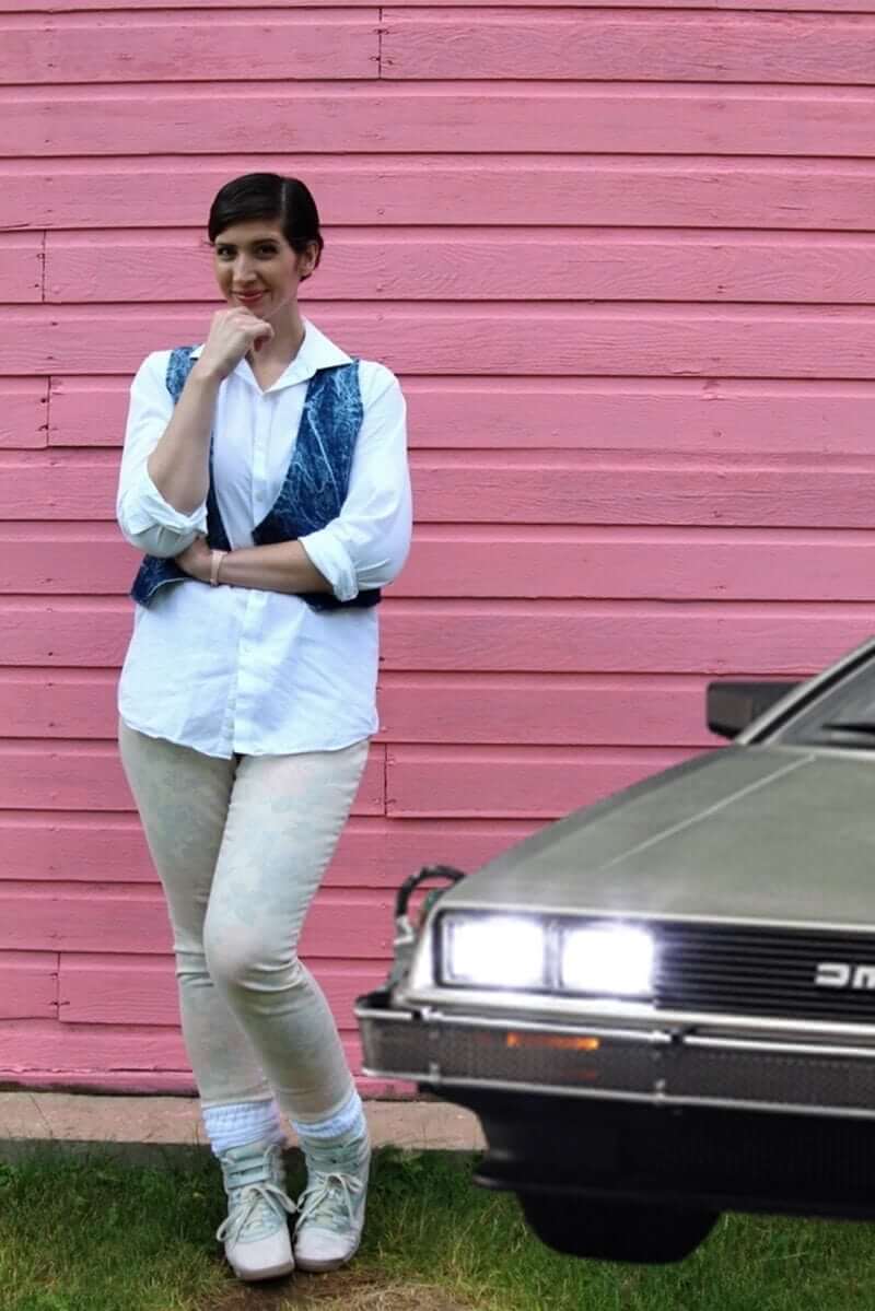 the outfit repeater hannah rupp vintage thrifted 1980s halloween costume ideas inspiration jennifer parker back to the future marty mcfly deloreon