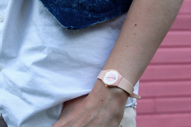 A Completely Thrifted Back To The Future Inspired Outfit | theoutfitrepeater.com Back to the future costume, Jennifer Parker inspired look, white button down, denim vest, pink floral jeans, Reebok high top sneakers, white scrunched socks, pink Swatch watch