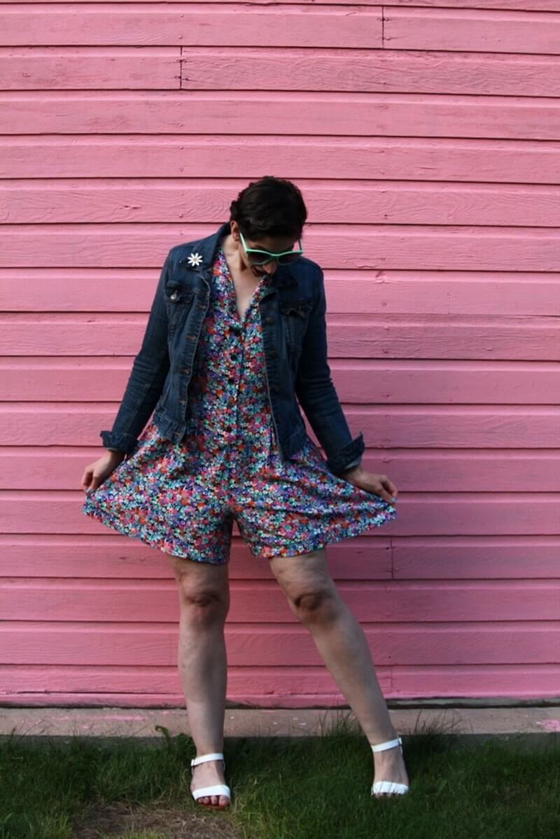 Floral romper, thrifted denim jacket, flower enamel pin, white Lulus sandals, sea foam green sunglasses, Colourpop lippie stix Heart On