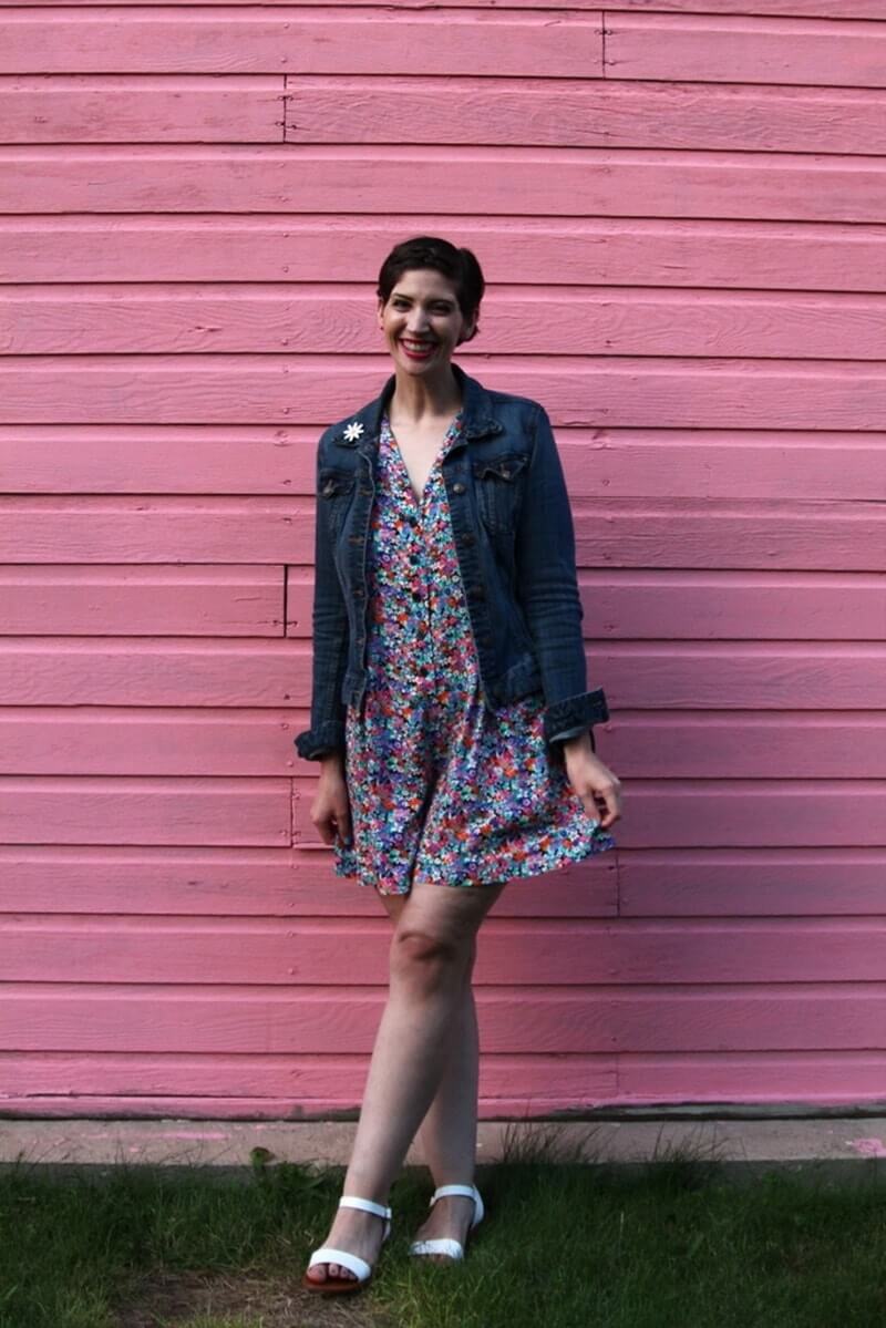 Floral romper, thrifted denim jacket, flower enamel pin, white Lulus sandals, sea foam green sunglasses, Colourpop lippie stix Heart On