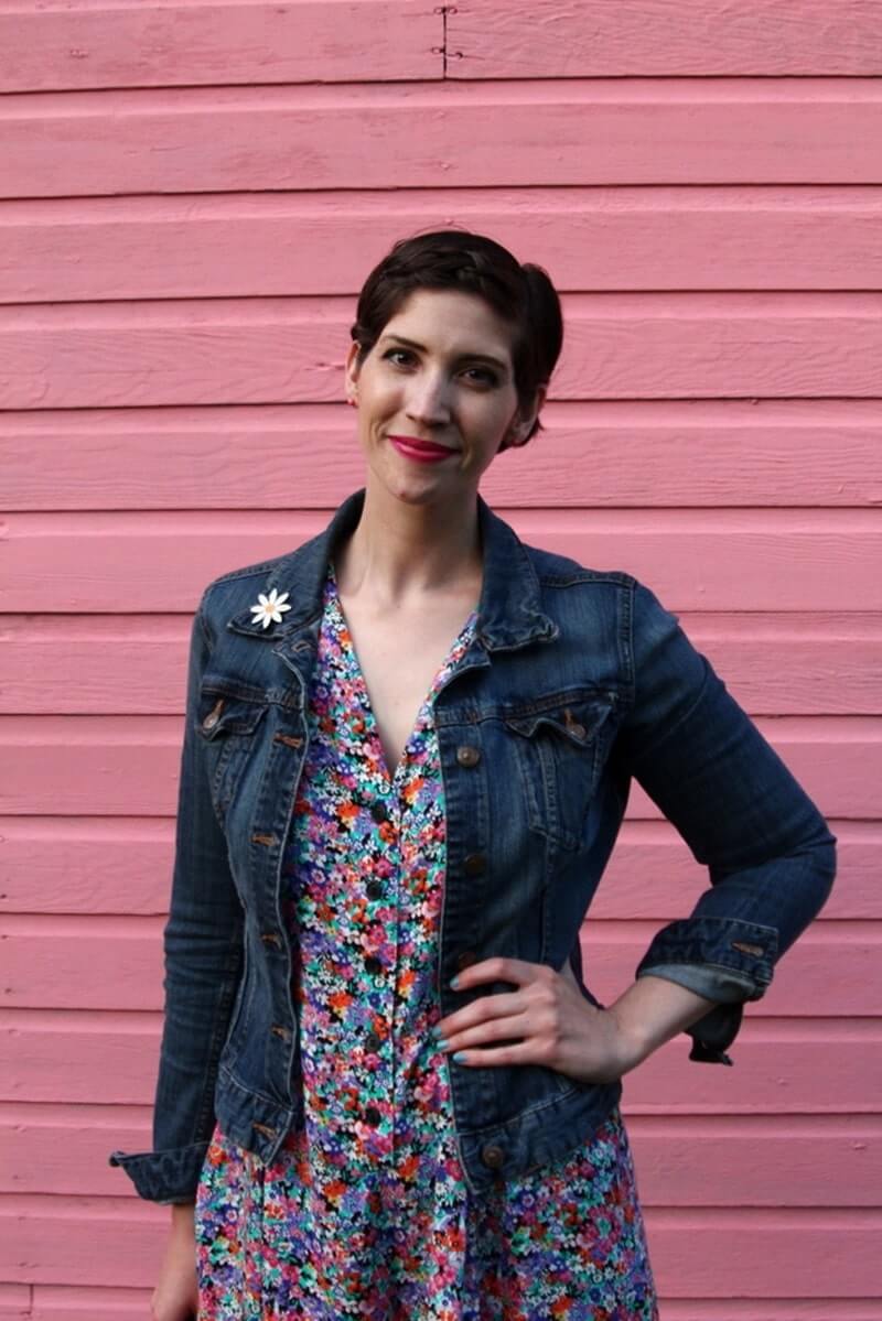 Floral romper, thrifted denim jacket, flower enamel pin, white Lulus sandals, sea foam green sunglasses, Colourpop lippie stix Heart On