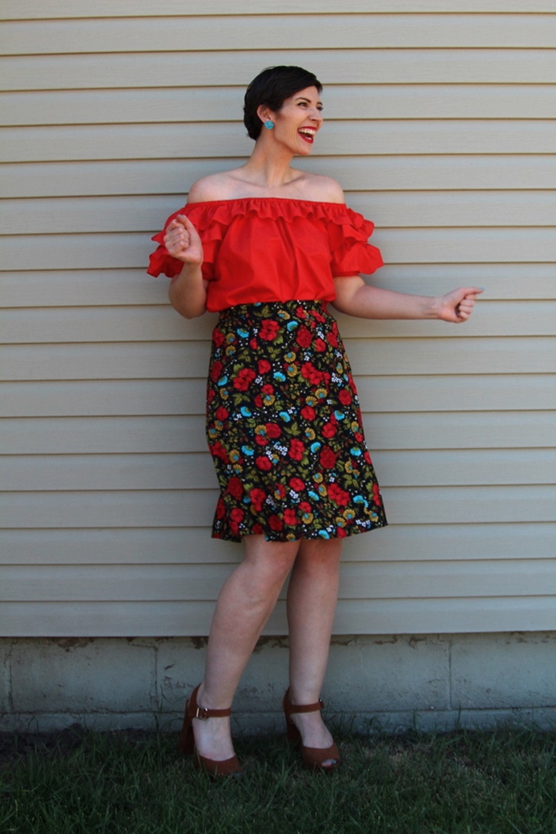 red off shoulder top outfit