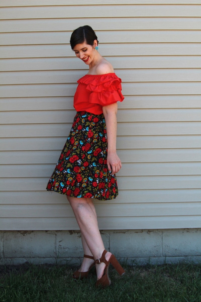 the outfit repeater hannah rupp fashion blog red off the shoulder blouse, floral skirt, thredup platform high heels, vintage blue flower clip on earrings, colourpop lippie stix bossy