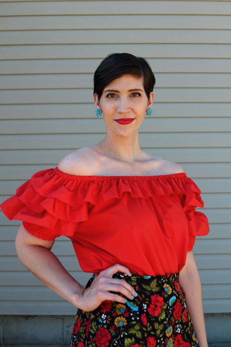 the outfit repeater hannah rupp fashion blog red off the shoulder blouse, floral skirt, thredup platform high heels, vintage blue flower clip on earrings, colourpop lippie stix bossy