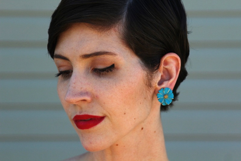the outfit repeater hannah rupp fashion blog red off the shoulder blouse, floral skirt, thredup platform high heels, vintage blue flower clip on earrings, colourpop lippie stix bossy