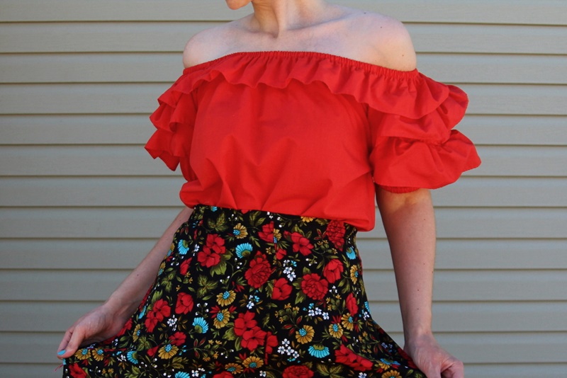 the outfit repeater hannah rupp fashion blog red off the shoulder blouse, floral skirt, thredup platform high heels, vintage blue flower clip on earrings, colourpop lippie stix bossy