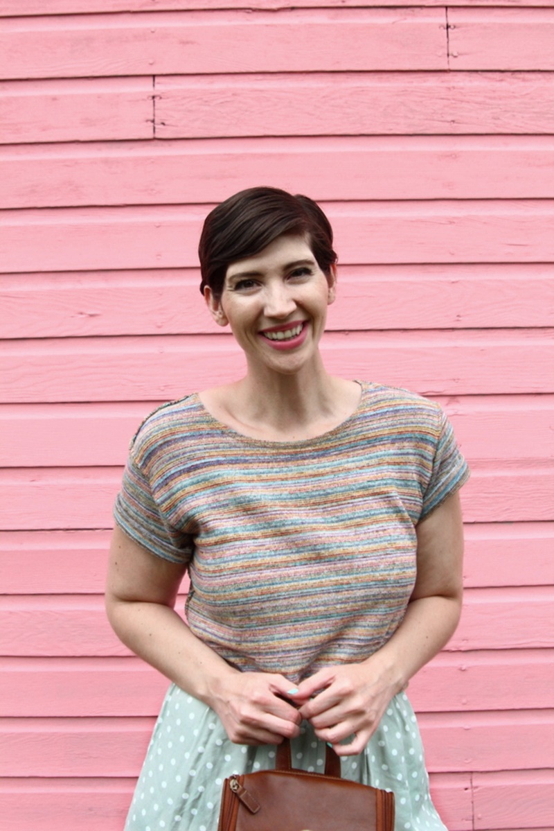 cute summer outfit pattern mixing polka shorts striped crop top pink colourpop blotted lipstick brown backpack high heels