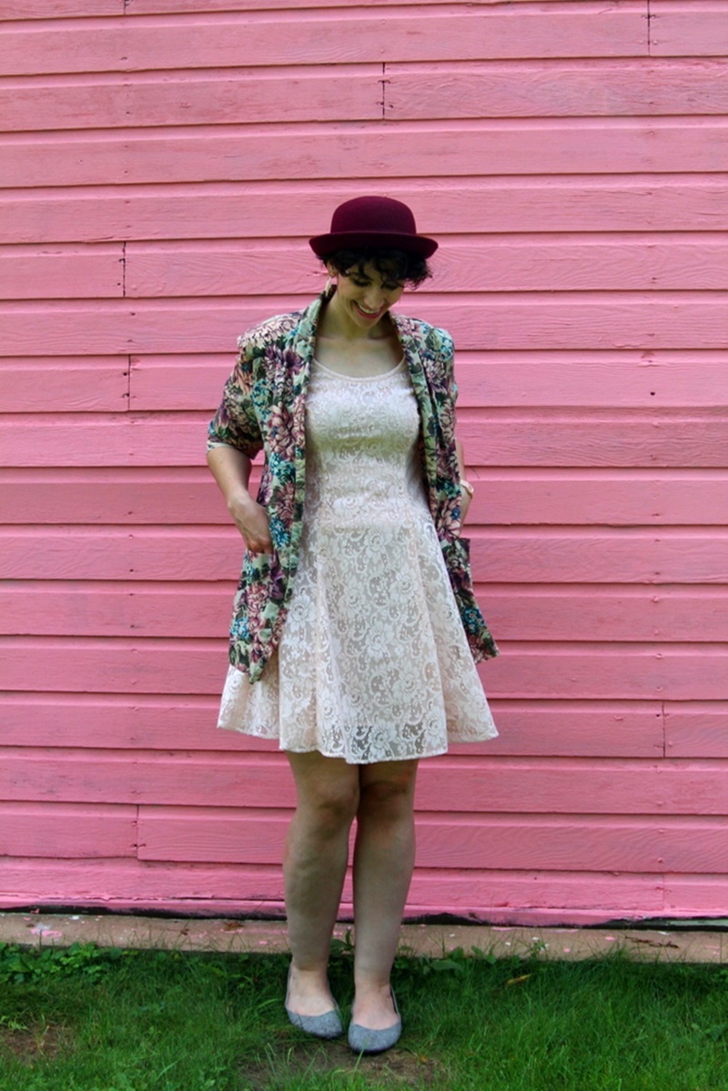 pretty in pink outfit movie lace dress, floral jacket, bowler hat, 1980s, vintage, thrifted, watch