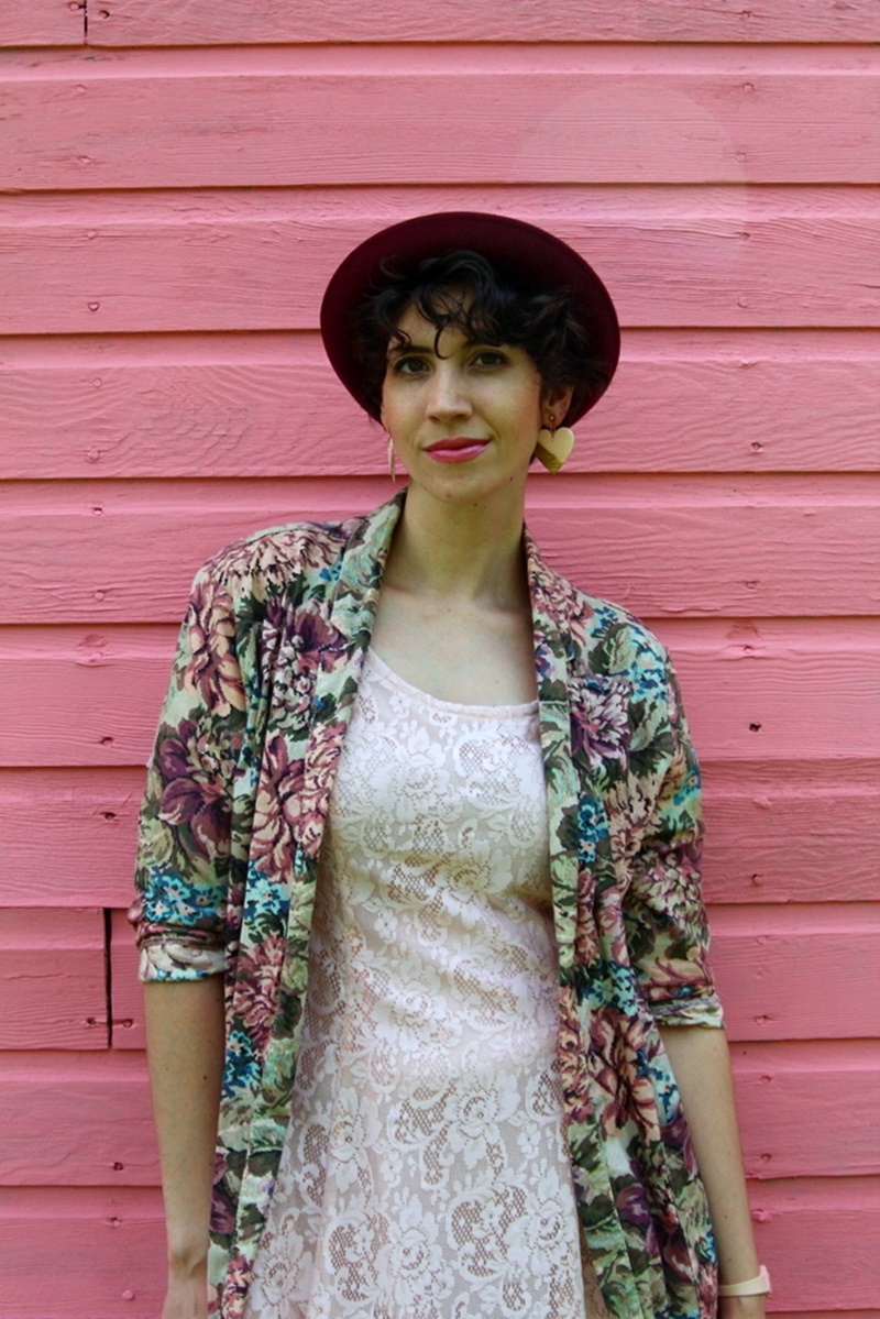 pretty in pink outfit movie lace dress, floral jacket, bowler hat, 1980s, vintage, thrifted, watch