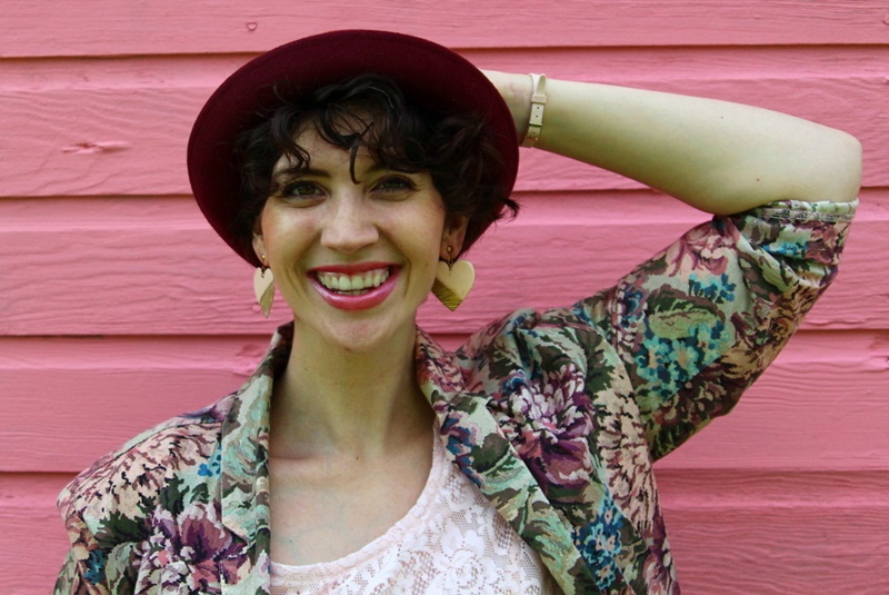 pretty in pink outfit movie lace dress, floral jacket, bowler hat, 1980s, vintage, thrifted, watch