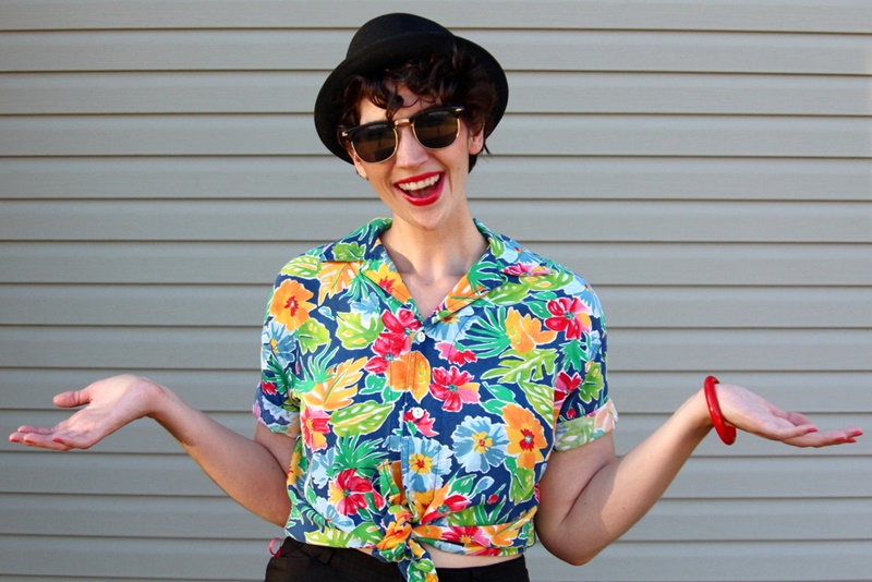 1980s outfit Hawaiian Print Shirt, high waisted shorts, red kitten heels, pork pie hat, red lipstick, sunglasses, bangle