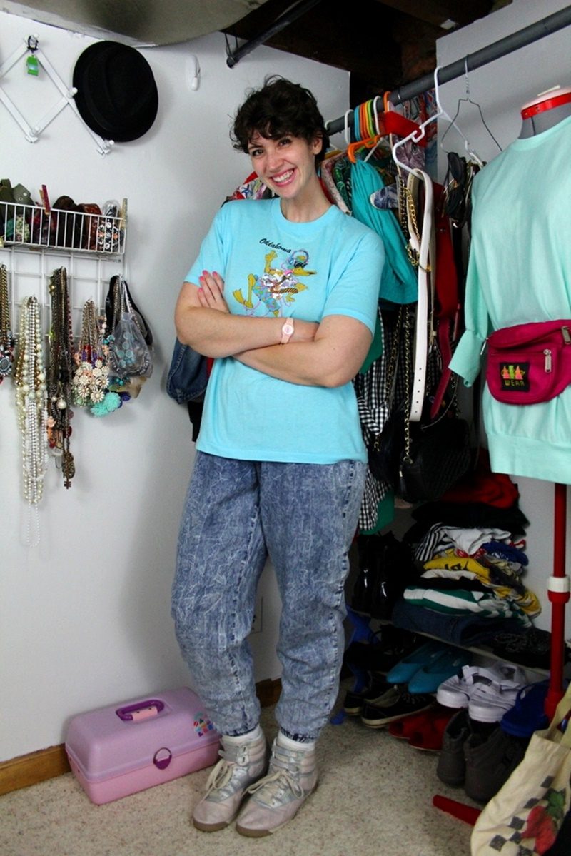 the outfit repeater hannah rupp vintage thrifted 1980s halloween costume ideas inspiration kid child youth acid washed pants t-shirt